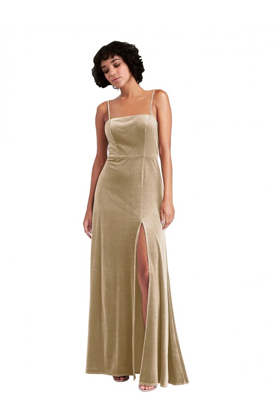 Champán línea A Cuadrado Terciopelo Elástico Largo Formales Vestidos de dama de honor / Vestidos de fiesta Tiendas