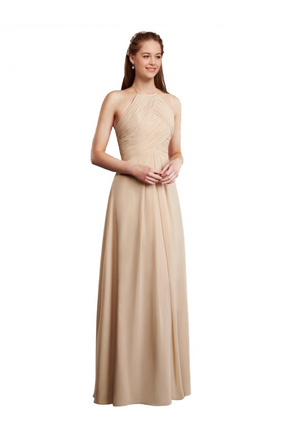 Champán línea A Halter Gasa Largo Vestidos de dama de honor Tiendas