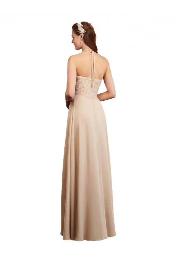 Champán línea A Halter Gasa Largo Vestidos de dama de honor Tiendas