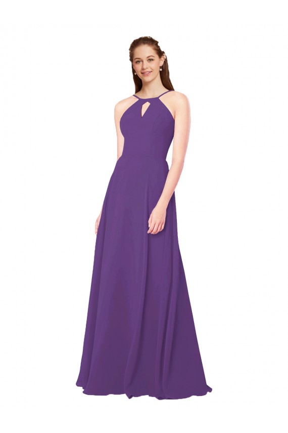 Ciruela Cubierta Cuello Alto Gasa Largo Vestidos de dama de honor Tiendas