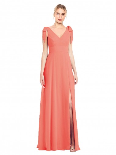 Coral Trompeta Cuello en V Gasa Largo Vestidos de dama de honor Tiendas