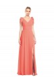 Coral Trompeta Cuello en V Gasa Largo Vestidos de dama de honor Tiendas