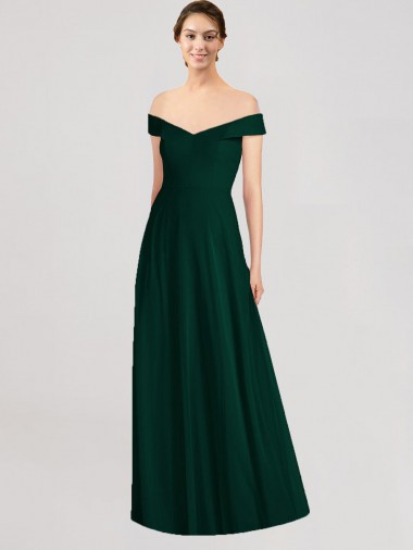 Evergreen línea A Hombros Descubiertos Cuello en V Gasa Largo Vestidos de dama de honor Tiendas