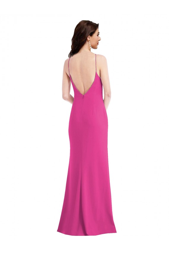 Fucsia Trompeta Halter Cuello Alto Crepé Elástico Largo Formales Vestidos de dama de honor / Vestidos de fiesta Tiendas