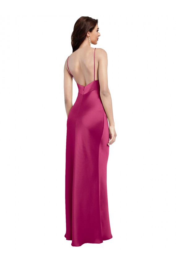Fucsia línea A Tirantes espagueti Cuello en V Satén elástico Largo Formales Vestidos de dama de honor / Vestidos de fiesta Tiendas