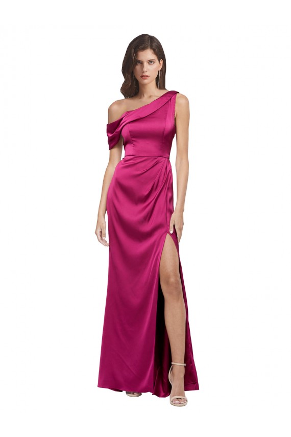 Fucsia línea A Un Hombre Satén elástico Largo Formales Vestidos de dama de honor / Vestidos de fiesta Tiendas