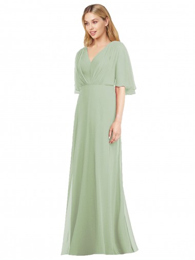 Humo Verde Trompeta Cuello en V Gasa Largo Vestidos de dama de honor Tiendas