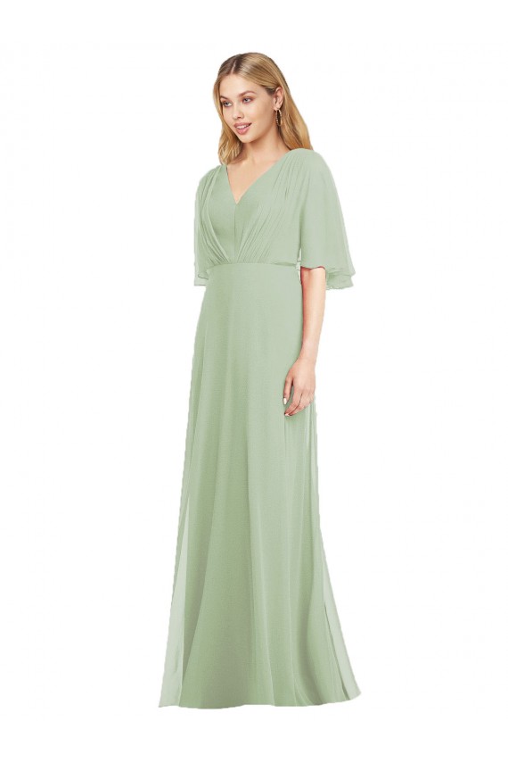 Humo Verde Trompeta Cuello en V Gasa Largo Vestidos de dama de honor Tiendas