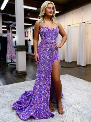 Lavanda línea A Cuello de Corazón Cola corte Lentejuelas Terciopelo Largo Vestidos de fiesta Tiendas