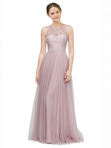 Light Lilac línea A Cuello de Corazón Tul Encaje Largo Vestidos de dama de honor Tiendas