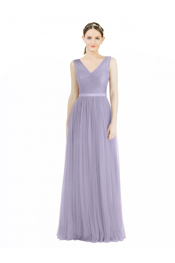 Lila línea A Cuello en V Tul Largo Vestidos de dama de honor Tiendas