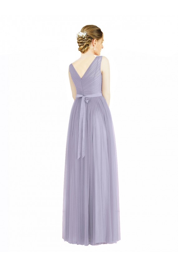 Lila línea A Cuello en V Tul Largo Vestidos de dama de honor Tiendas