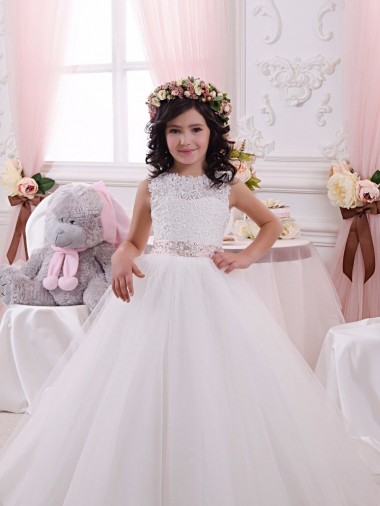 Marfil Barco Cola capilla Tul Encaje Largo vestidos de niña de las flores Tiendas