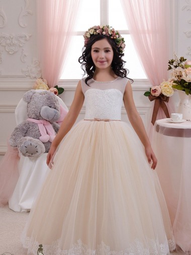 Marfil & Champán Cuello de Corazón Tul Encaje Largo vestidos de niña de las flores Tiendas