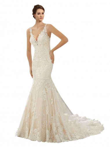 Marfil & Champán Sirena Cuello en V Cola capilla Encaje Vestidos de novia Tiendas