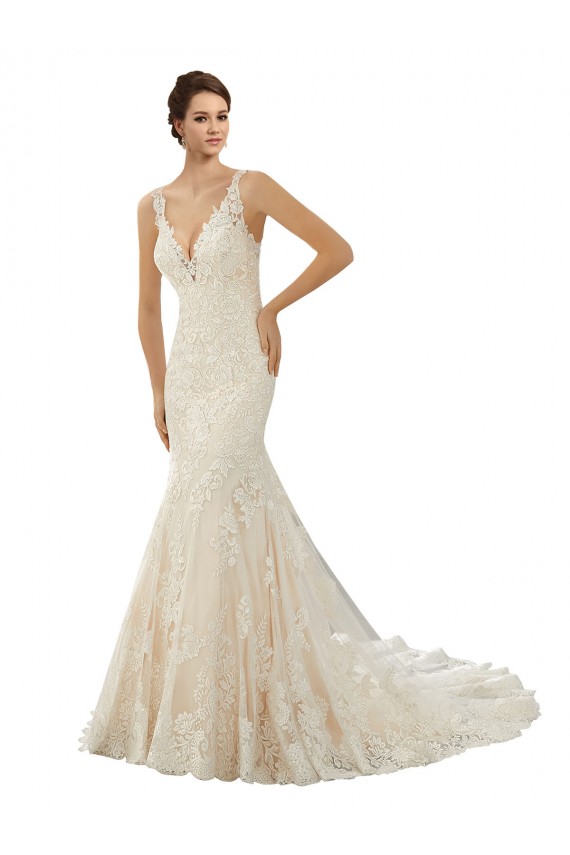 Marfil & Champán Sirena Cuello en V Cola capilla Encaje Vestidos de novia Tiendas