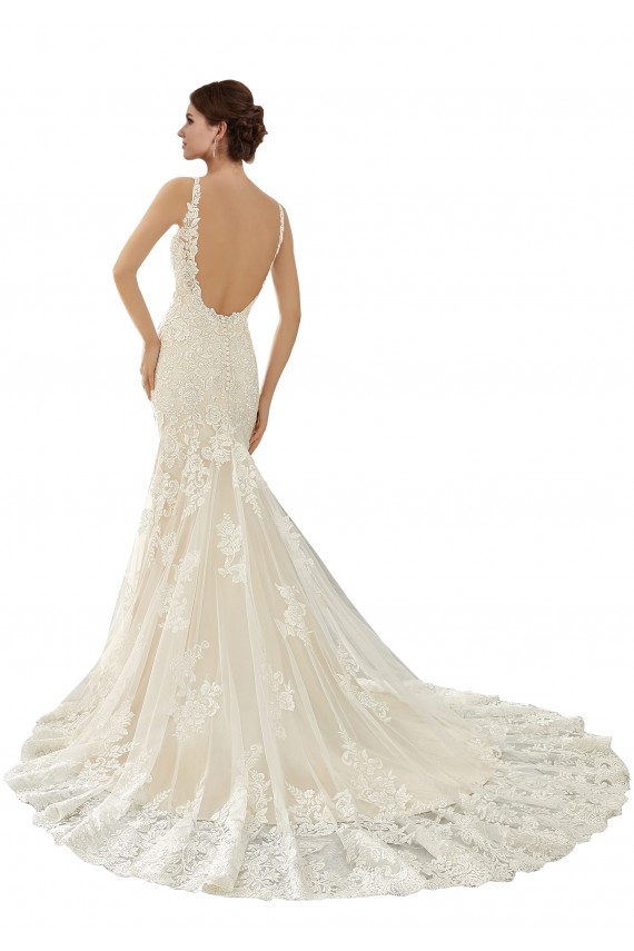 Marfil & Champán Sirena Cuello en V Cola capilla Encaje Vestidos de novia Tiendas