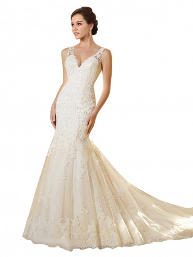 Marfil & Champán Sirena Cuello en V Cola capilla Tul Encaje Vestidos de novia Tiendas