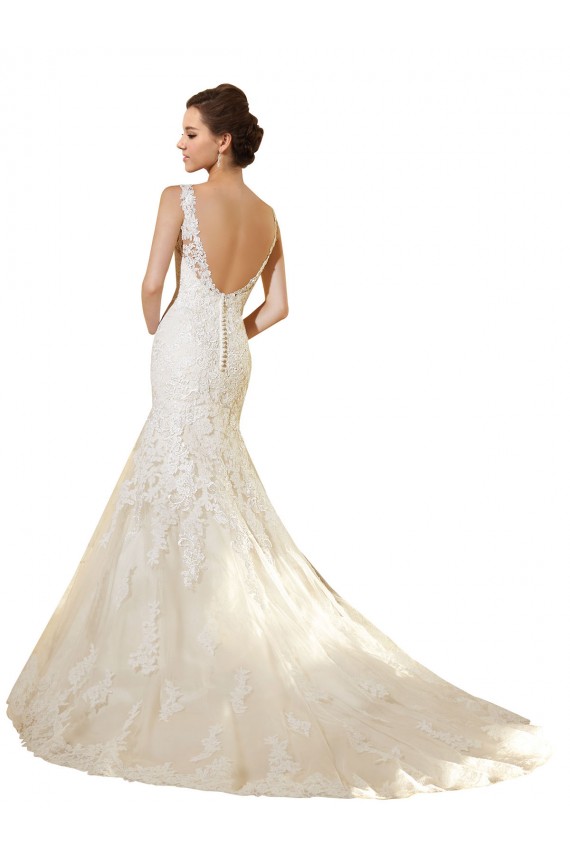 Marfil & Champán Sirena Cuello en V Cola capilla Tul Encaje Vestidos de novia Tiendas