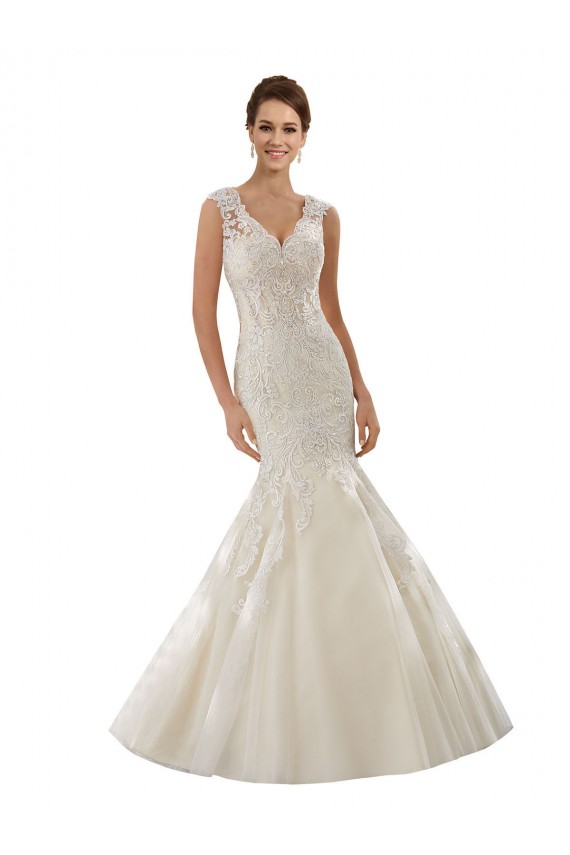 Marfil & Champán Sirena Cuello en V Cola capilla Tul Encaje Vestidos de novia Tiendas