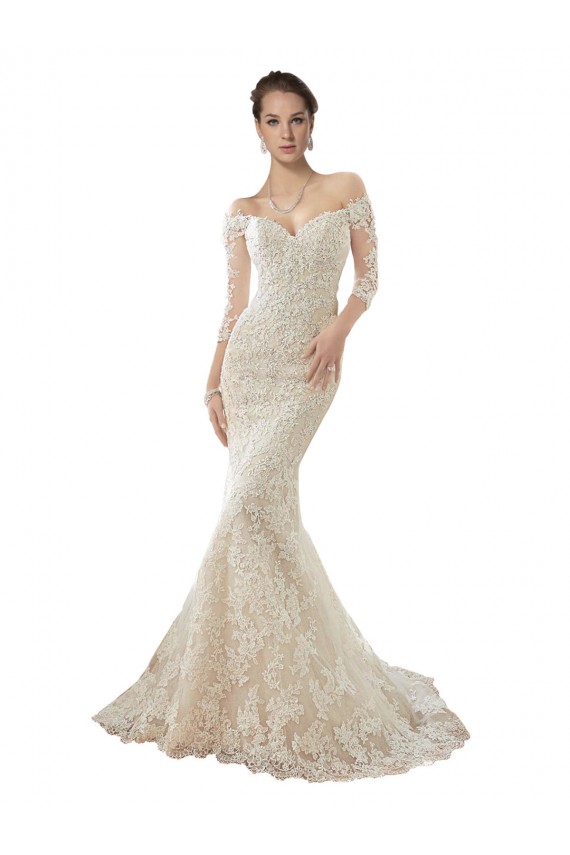 Marfil & Champán Sirena Hombros Descubiertos Cola capilla Tul Encaje Vestidos de novia Tiendas