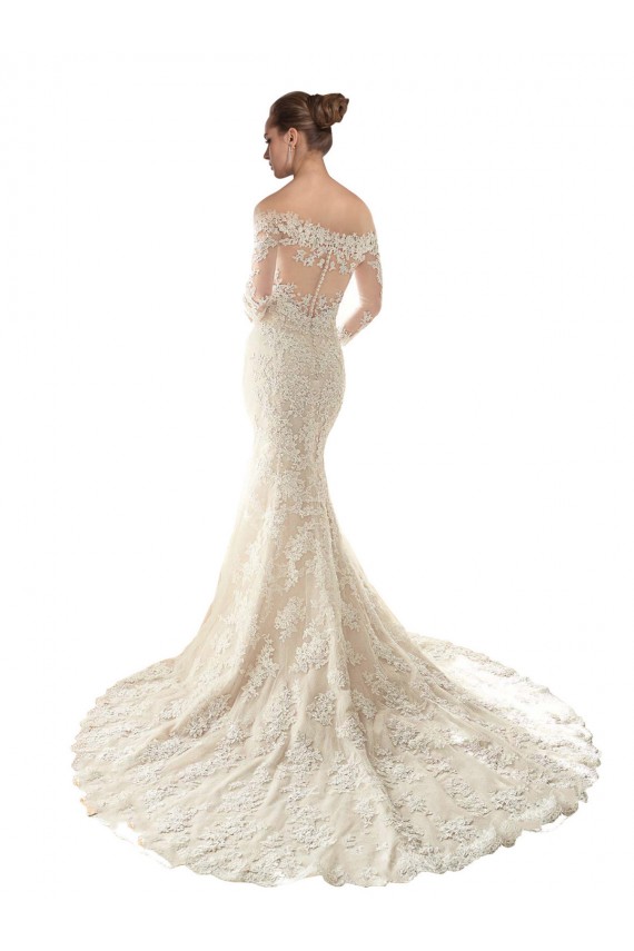 Marfil & Champán Sirena Hombros Descubiertos Cola capilla Tul Encaje Vestidos de novia Tiendas