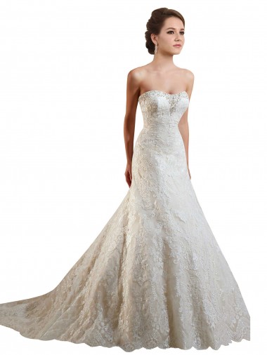 Marfil & Champán línea A Cuello de Corazón Cola capilla Encaje Vestidos de novia Tiendas