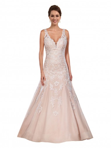 Marfil & Champán línea A Cuello en V Cola capilla Encaje Clásico Vestidos de novia Tiendas