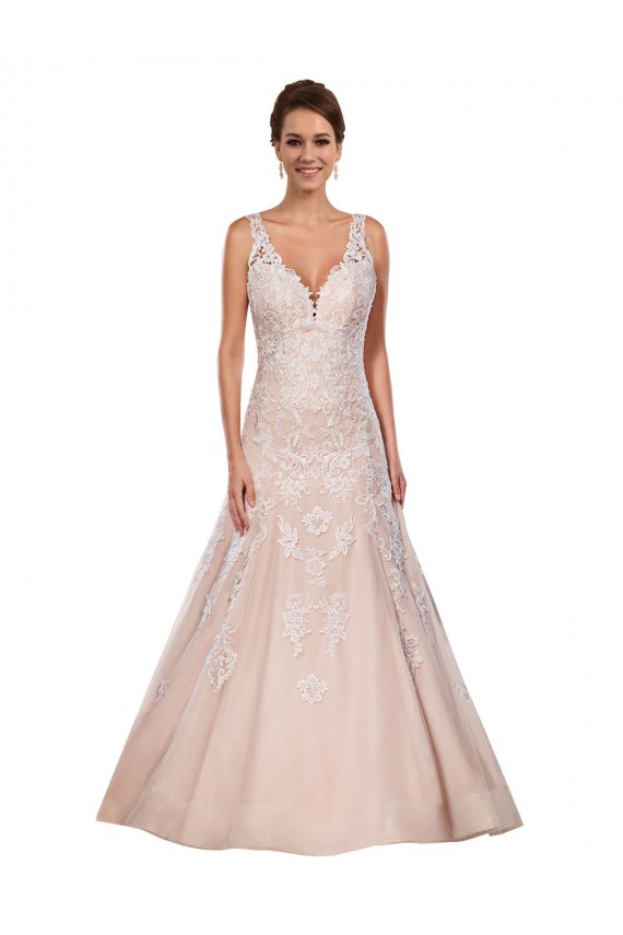 Marfil & Champán línea A Cuello en V Cola capilla Encaje Clásico Vestidos de novia Tiendas