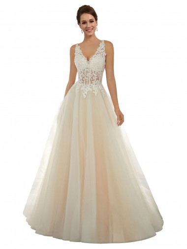 Marfil & Champán línea A Cuello en V Cola capilla Tul Encaje Clásico Vestidos de novia Tiendas