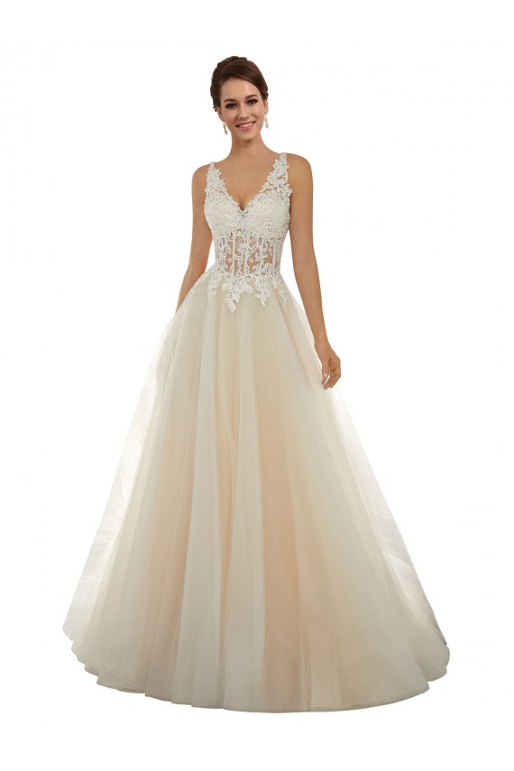 Marfil & Champán línea A Cuello en V Cola capilla Tul Encaje Clásico Vestidos de novia Tiendas