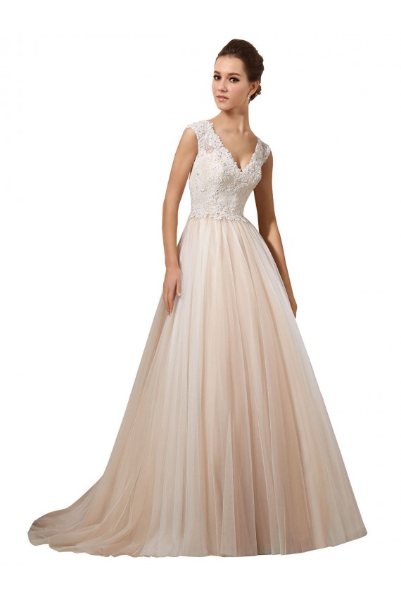Marfil & Champán línea A Cuello en V Cola capilla Tul Encaje Vestidos de novia Tiendas