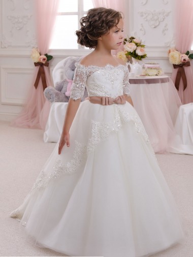 Marfil Cuello Alto Tul Encaje Largo vestidos de niña de las flores Tiendas