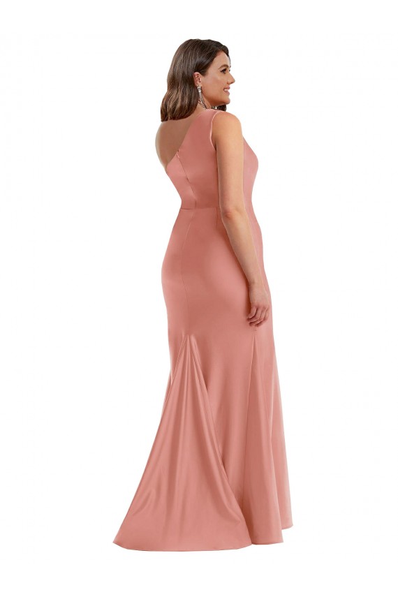 Melocotón de Georgia Sirena Un Hombre Satén sedoso Largo Formales Vestidos de dama de honor / Vestidos de fiesta Tiendas