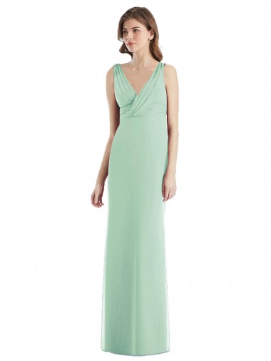 Menta Verde Trompeta Cuello en V Gasa Largo Vestidos de dama de honor Tiendas