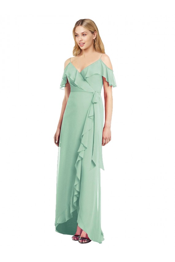 Menta Verde Trompeta Tirantes espagueti Cuello en V Gasa Largo Asimétrico Vestidos de dama de honor Tiendas