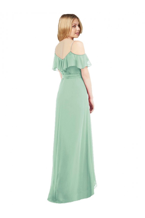 Menta Verde Trompeta Tirantes espagueti Cuello en V Gasa Largo Asimétrico Vestidos de dama de honor Tiendas