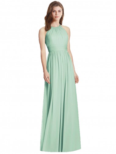 Menta Verde línea A Halter Gasa Largo Vestidos de dama de honor Tiendas