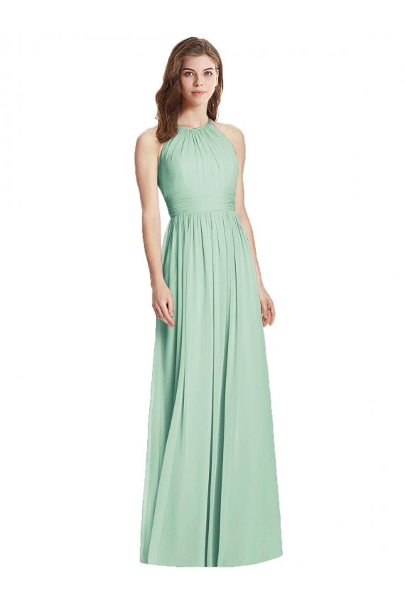Menta Verde línea A Halter Gasa Largo Vestidos de dama de honor Tiendas