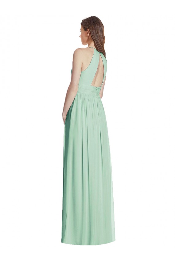 Menta Verde línea A Halter Gasa Largo Vestidos de dama de honor Tiendas