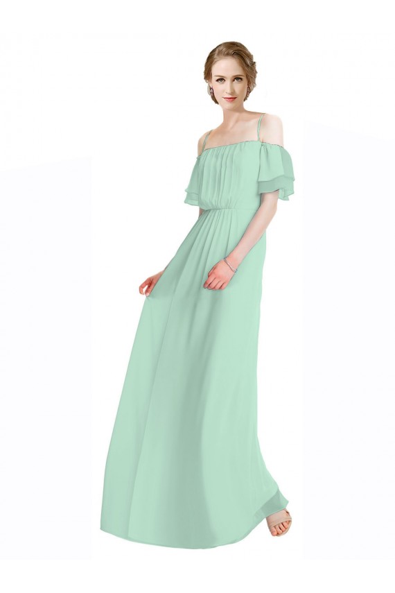 Menta Verde línea A Hombros Descubiertos Tirantes espagueti Gasa Largo Vestidos de dama de honor Tiendas