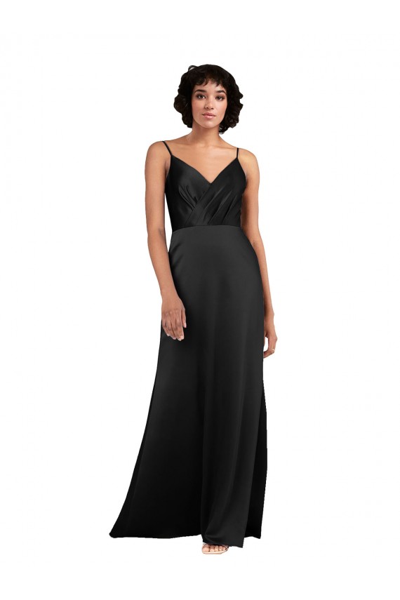 Negro Columna Cuello en V Satén sedoso Largo Asimétrico Formales Vestidos de dama de honor / Vestidos de fiesta Tiendas