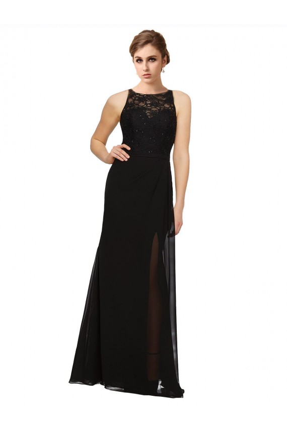 Negro Cubierta Cuello Alto Gasa Encaje Largo Vestidos de dama de honor Tiendas