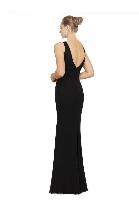 Negro Cubierta Cuello en V Gasa Largo Vestidos de dama de honor Tiendas
