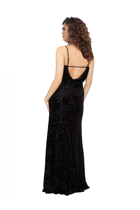 Negro Cubierta Cuello en V Terciopelo floral Terciopelo Elástico Largo Vestidos de dama de honor Tiendas