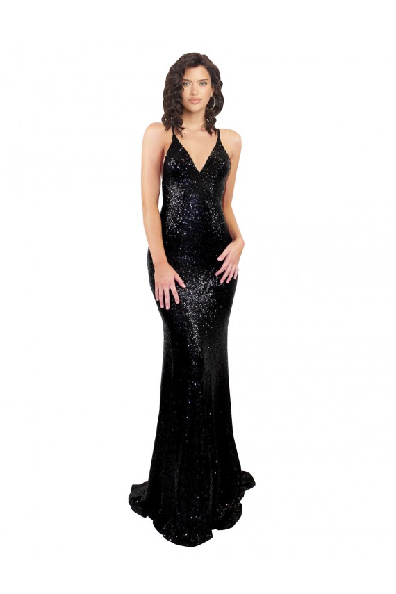 Negro Sirena Cuello en V Lentejuela Largo Formales Vestidos de dama de honor / Vestidos de fiesta Tiendas