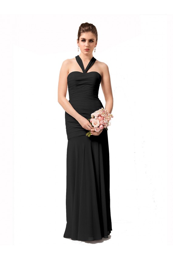 Negro Sirena Halter Gasa Largo Vestidos de dama de honor Tiendas