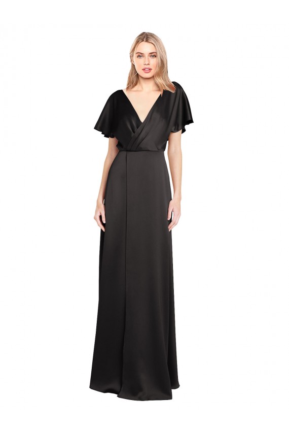 Negro línea A Cuello en V Satén elástico Largo Formales Vestidos de dama de honor / Vestidos de fiesta Tiendas