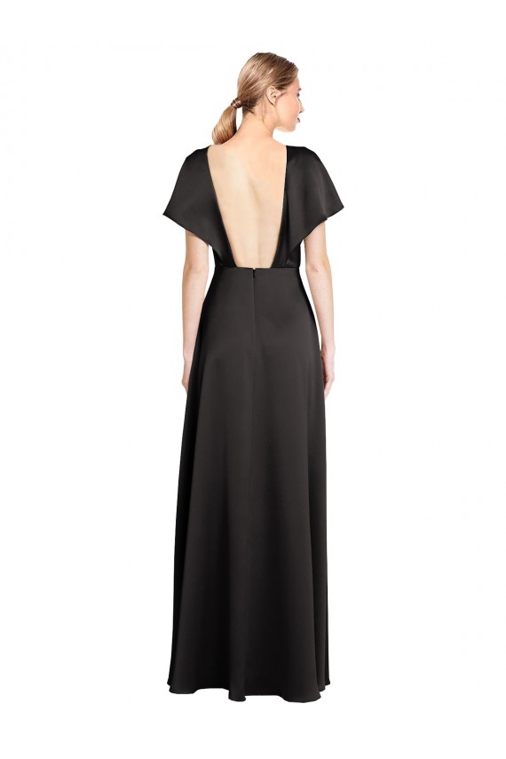 Negro línea A Cuello en V Satén elástico Largo Formales Vestidos de dama de honor / Vestidos de fiesta Tiendas