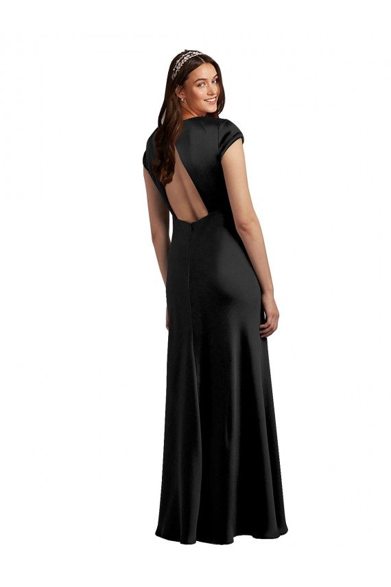 Negro línea A Cuello en V Satén elástico Largo Formales Vestidos de dama de honor / Vestidos de fiesta Tiendas